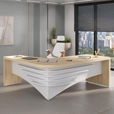 Imagem de Kit com Mesa para Escritório Diretor em L e Cadeira de Escritório Presidente Lisboa Espresso Móveis Carvalho/Branco