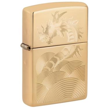 Imagem de Zippo Isqueiro de bolso de latão polido com design de dragão dourado
