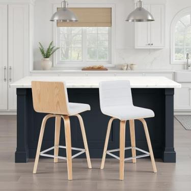 Imagem de Banqueta de barra giratória moderna Vienna com assento de couro sintético branco e moldura de madeira de carvalho padronizada conjunto de 2