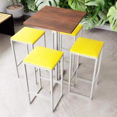 Imagem de Conjunto Mesa Alta Bar Bistrô Quadrada Imbuia 4 Bancos Estofado Indust