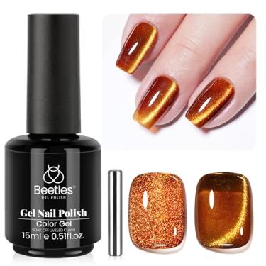 Imagem de Esmalte de gel Beetles Brown Cat Eye – Esmalte de gel para olhos de gato com brilho âmbar, 15 ml, ouro marrom, pó, magnético, glitter, esmalte de gel de imersão UV francês para salão de unhas, faça