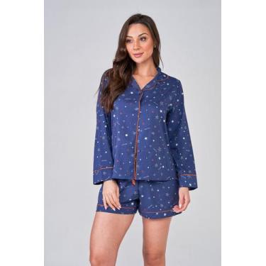 Imagem de Pijama Feminino Toque De Seda Americano - Praqnome, Azul marinho, M