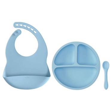 Imagem de Kit Refeição Bebês Silicone Prato com Ventosa 3 Divisórias Babador Bolso Pega Migalhas Buba