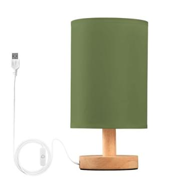 Imagem de YEGAME Abajur de mesa de cabeceira verde oliva de cor sólida para quarto de cabeceira, lâmpada de leitura de LED para cuidados com os olhos, porta USB, base de madeira, sombra redonda de tecido de