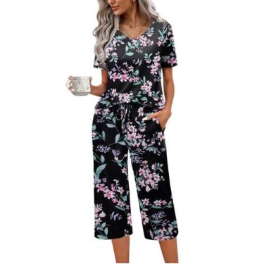 Imagem de Conjunto de pijama feminino Ekouaer de manga curta de algodão com calç