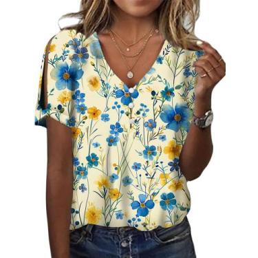 Imagem de Blusa feminina HOTYD de verão com estampa floral boho e decote em V 2G