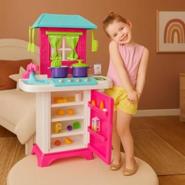 Imagem de Cozinha Infantil Menina Completa Fogão Grande 74cm C/Geladeira Fogão Telhado Pia Torneira Sai Água Acessórios