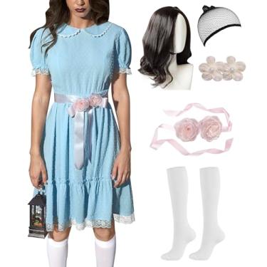 Imagem de ALIREVERIE Womens Halloween Cosplay Dress Puff Sleeves Lolita Peter Pan Collar Gardy Twin Costume Blue Swiss Dot Texture XS