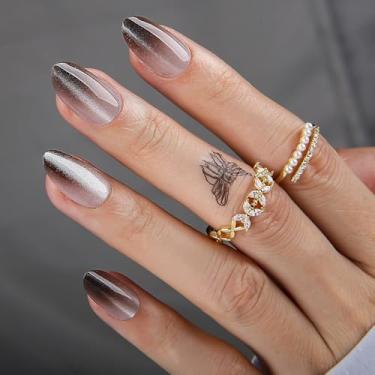 Imagem de MqpQ Press on Nails Short – Ombre Cat Eye Press on Nails em unhas amêndoas, kit de unhas postiças de acrílico de gel macio, marrom brilhante para presente feminino – 24 peças, Mocha Aura
