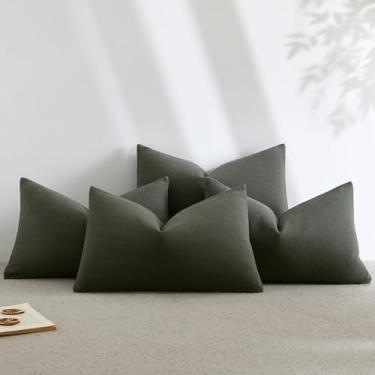 Imagem de JUSPURBET Conjunto de 4 fronhas decorativas de linho 30,5 x 50,8 cm para sofá, cama, capas de almofada lombar macias com zíper oculto para decoração de sala de estar, verde exército