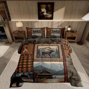 Imagem de Feelyou Conjunto de cama rústico de cervo de cabana, tamanho casal, infantil, caça de animais selvagens, para meninos, meninas, adolescentes, casa de fazenda, marrom escuro, respirável, macio e leve