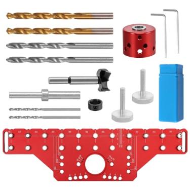 Imagem de Gabarito de pino de prateleira e dobradiça, guia de perfuração de dobradiça oculta de gabinete de liga de alumínio 2 em 1, com brocas de 1/10.2 cm 5 mm para marcenaria de porta de armário