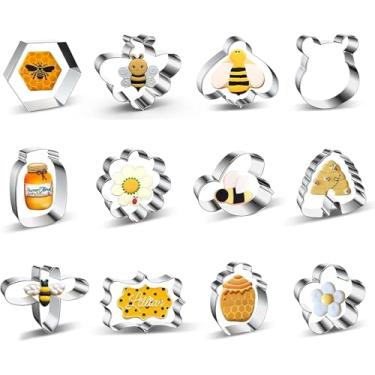 Imagem de Conjunto pequeno de cortadores de biscoito de abelha - 7,6 cm - 12 peças de cortador de molde de biscoito de aço inoxidável com abelha, favo de mel hexagonal, colmeia, flor, pote de mel, moldura de