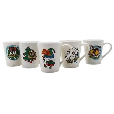 Imagem de Kit 5 Canecas Porcelana Feliz Natal 250ml Festa Natalina - Plasútil