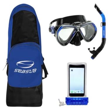 Imagem de Seasub Kit Completo de Mergulho, Mochila Básica Azul e Preta 69x22x16cm, Máscara Onix com Vidro Temperado, Respirador SK-09, Capinha Celular à Prova d'Água (Preto/Azul)