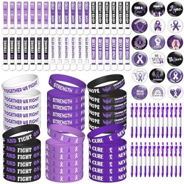 Imagem de WATINC Kits de acessórios de conscientização de fitas - Conjunto de fita roxa de conscientização semanal com 144 peças, 36 pulseiras de silicone, 36 chaveiros de borracha, 36 botões, 36 canetas
