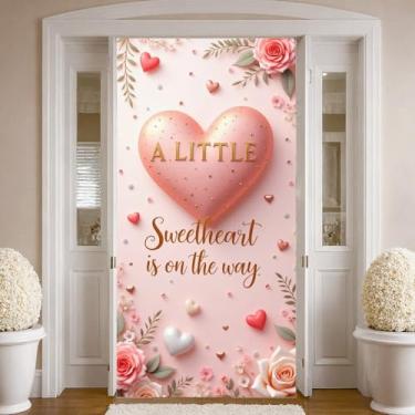 Imagem de Faixa de porta de festa revelação de gênero para meninas, capa de porta de bebê de boas-vindas para chá de bebê, lembrancinhas de chá de bebê, adereços de foto floral revelação de gênero (coração)