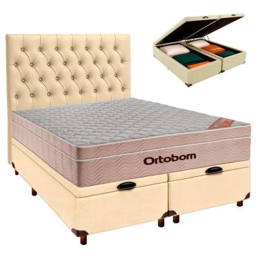 Imagem de Kit Cama Box Bau + Cabeceira + Colchão Casal Molas Ensacadas - Airtech - Ortobom