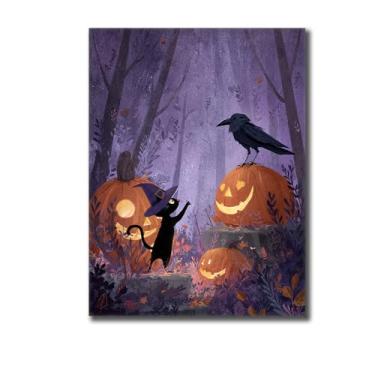 Imagem de Pintura criativa para decoração de casa bruxa infantil Halloween impressão em tela abóbora fofa, arte de parede de gato preto adorável para decoração de berçário (emoldurado/sem moldura, 40,6 x 50,8