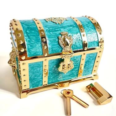 Imagem de KiteStar Grande baú de joias de metal retrô de camada dupla, estilo pirata, caixa de tesouro em relevo de cabeça de leão com cadeado para armazenamento de joias femininas (pintura a óleo verde dourado