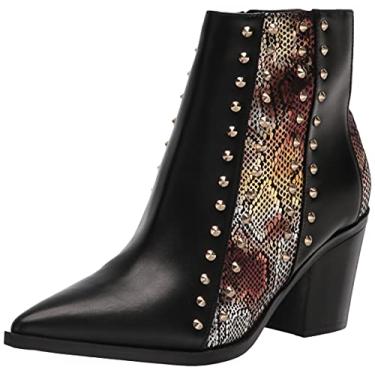 Imagem de NINE WEST Bota feminina What3 Ankle Boot, Couro de pele de cobra preto/preto + dourado, 6