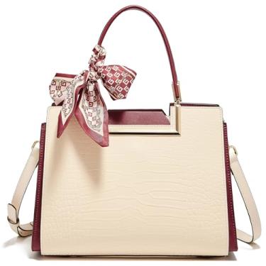 Imagem de FOXLOVER Bolsa de couro feminina bolsa de ombro vintage bolsa tiracolo bolsa alça superior com bordado, Pedra granulada branca, Medium