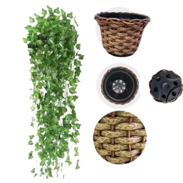 Imagem de Plantas Artificiais Decorativas, Plantas Artificiais Decorativas com Vaso, 2 Vasos Trançado Marrom + 6 Pendentes Artificial Folhas de Hera(3 Vasos Trançado +9 Pendente)