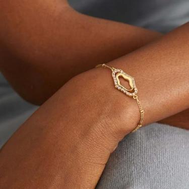 Imagem de Pulseira feminina de corrente de ouro banhado a ouro 14K CZ artesanal delicada ajustável