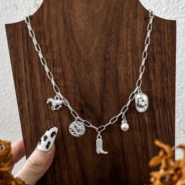 Imagem de Colar ocidental para mulheres, corrente banhada a ouro, caubói, botas de cowgirl, chapéu, design de cavalo, colar com pingente tribal do sudoeste, acessórios de joias, one size, Liga de aço, Sem Pedra