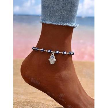 Imagem de Tornozeleiras de mão hamsa com olho turco azul, boêmio, chique, strass, corrente de contas, pulseiras no tornozelo, verão, boêmia, vintage, retrô, étnica, acessórios de joias descalço e férias