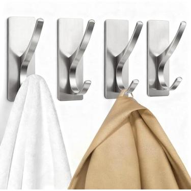 Imagem de Ganchos de revestimento autoadesivos para pendurar: Gancho de parede inoxidável resistente para toalha, mochila, chapéu, cabide de metal resistente para banheiro, quarto, porta, níquel escovado pacote