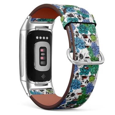 Imagem de Pulseira de relógio de couro de substituição compatível com Fitbit Charge 5/Fitbit Charge 6 (imagem caveira suculenta) pulseira para smartwatch para mulheres e homens