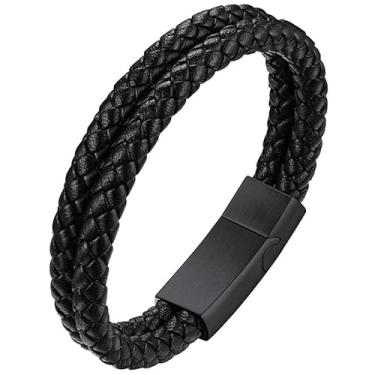 Imagem de ChainsHouse Pulseira de contas de couro masculina gravada inspiradora fecho magnético ajustável aço pulseira à prova d'água corda trançada, 19-21 cm de comprimento (com caixa de presente), Couro