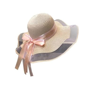 Imagem de Chapéus femininos de verão com aba de palha chapéu de sol com proteção de laço bonés de praia sombreados cor 4 56-58 cm