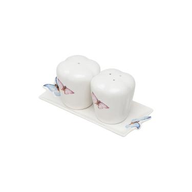 Imagem de Kit Saleiro e Pimenteiro Porcelana Branca 6x6cm C/Bandeja Borboletas 16,5x7,5cm Wolff
