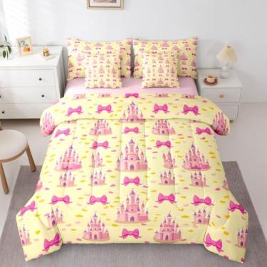 Imagem de Erosebridal Conjunto de cama de castelo solteiro com laço rosa, 7 peças, lençol com laço de princesa, fofo, decoração de quarto de meninas