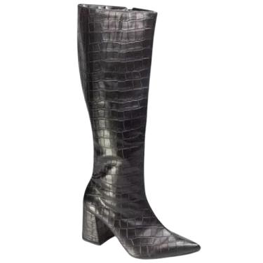 Imagem de Bota Feminina Bico Fino Cano Alto Salto Médio Fashion Moda, Alta Feminina, Estilo Festa, Estampa Croco (Preto, 39, BR, Adulto, Numérico, 39)