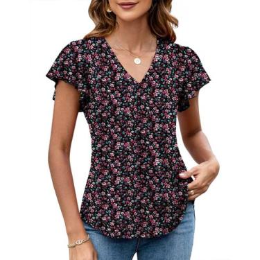 Imagem de Túnica floral feminina Top LOMON de manga esvoaçante com decote em V -