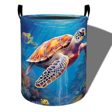 Imagem de amepay Cesta de lavanderia de tartaruga marinha, tecido Oxford dobrável com design de recife de coral, cesto de roupas sujas à prova d'água com alças, organizador de brinquedos para banheiro, quarto