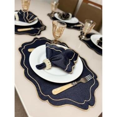 Imagem de Conjunto de 12 jogos americanos estilo americano Jogos americanos para uma mesa de jantar para 6 pessoas Arranjo de mesa Guardanapos redondos Mesa de jantar(Realeza Bor Dour - Azul Marinh)