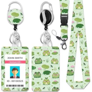 Imagem de CHGCRAFT Porta-crachás de identificação de sapos, libélulas, retangular, plástico com nome, flores de lótus na lagoa, porta-cartão de identificação com fecho para escritório de enfermagem, professor