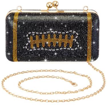 Imagem de Dansydaisy Bolsa de noite com strass brilhante para presente para amantes de esportes, bolsa feminina de luxo com glitter para casamentos formais, Preto