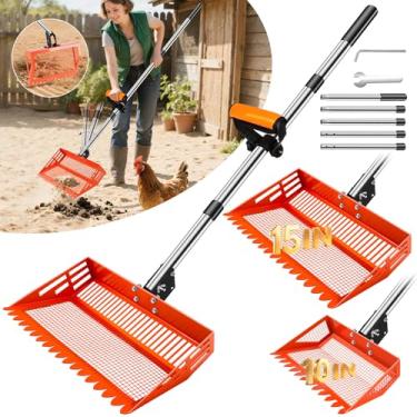 Imagem de Colher e ancinho para cocô de galinha de 15/25 cm, colher de galinheiro 4 em 1 com 2 cabeças grandes de pá de metal, pá para galinheiro para areia, colher de frango com cabo longo, pá de peneirar para