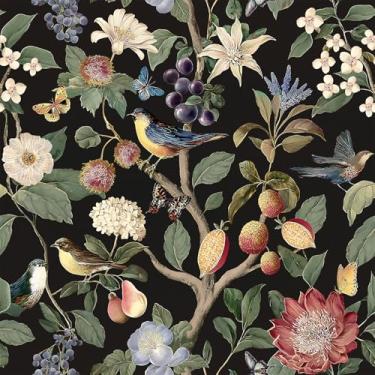 Imagem de VEELIKE Papel de parede vintage de frutas e pássaros, borboletas escuras, papel de parede floral para quarto, sala de estar, 40 x 900 cm, papel de parede de pássaro floral removível para banheiro