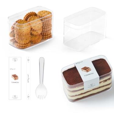 Imagem de Caixas retangulares de plástico para sobremesa com tampas e garfos, embalagem para assados, recipientes de tiramisu de biscoito para frutas, pudim, mousse, copos de parfait com tampas (20, Rect 4,6 x