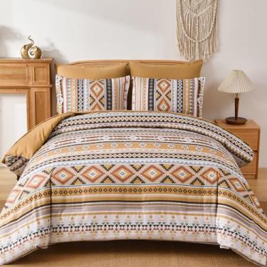 Imagem de Dinjoy Conjunto de edredom queen boêmio marrom bege, 7 peças, cama em um saco, cama queen cáqui asteca com lençóis, boêmio, geométrico, listrado, conjunto completo para outono e inverno, 224 x 234 cm