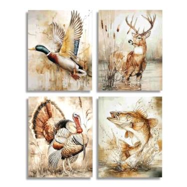 Imagem de Frimeeme Arte de parede de caça vintage para berçário, conjunto de 4 sem moldura, 20 x 25 cm - impressões temáticas de animais selvagens de pato veado peru para pousada/cabana/caverna masculina
