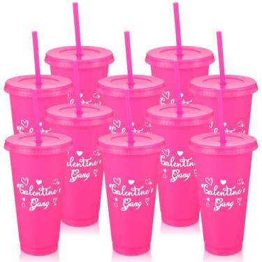 Imagem de Qinyoung 10 copos de plástico para o dia das galentinas de 680 g com canudo e tampa, copo de plástico rosa para o dia dos namorados, bebidas frias, decoração de escritório em casa, lembrancinhas de