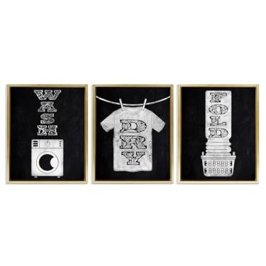 Imagem de Stupell Industries Conjunto de 3 peças de lona flutuante emoldurada marrom com letras ornamentadas Wash & Dry, design de Marcus Prime, 53 x 43 cm