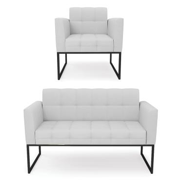Imagem de Kit 1 Sofá Namoradeira e 1 Poltrona Elisa Linho Cinza A05 Base Metálica Industrial Preto D03 - D'Rossi